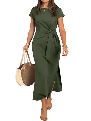 ANRABESS Womens Summer Maxi Dress Casual Crew Neck Tie Waist Split Wrinkle-Free Fit Long Fashion Vacation Dresses 2026 Spring Army Green Medium