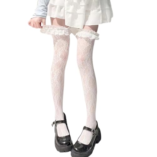 Socks,Fishnet Thigh Highs Stockings for Women JK Girl Flower Patterned Lace Ruffle Trim Frilly Over Knee Socks
