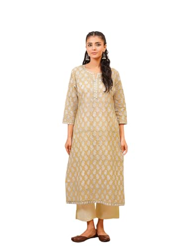 Image of GOODHAND Pure Cotton Floral Printed Long Kurta for Women | Straight Fit Ethnic Kurta | Round Neck 3 /4 Sleeve Kurta
