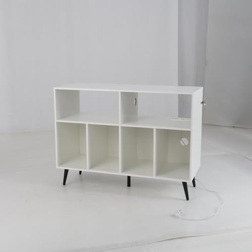 COSTWAY Estante para Discos con Estación de Carga, Gabinete de Vinilos con 4 Estantes y 5 Patas Metálicas, Mesa para Tocadiscos con Tomases, Puertos USB y Type-C (Blanco)