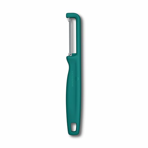 Image of Victorinox Swiss Made Stainless Steel Swiss Classic Double-Edge Iota Serrated Peeler for Professional and Household Kitchen, Green, Soft Skin Fruit & Vegetable Peeler | 6.0943.4