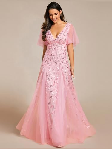 Image of Ever-Pretty Women's Sequin Formal Dresses Evening Gown Sparkly V-Neck Short Sleeve Floor Length Mother of The Bride Dress 736