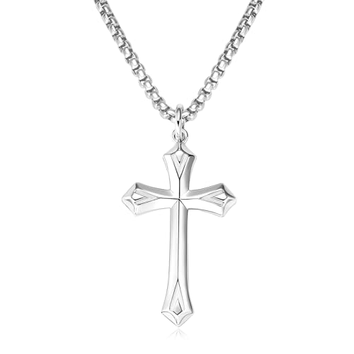 925 Sterling Silver Cross Necklace for Men Women Durable Stainless Steel Rolo Cross Chain 18K White Gold Plated Beveled Edge Black Gothic Rivets Textured Moissanite Crucifix Pendant Necklace 24”