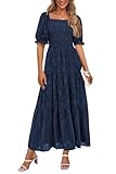 PRETTYGARDEN Women's 2025 Summer Casual Midi Dresses Square Neck Short Sleeve Smocked A Line Floral Flowy Elegant Boho Dress (Dark Blue,Medium)