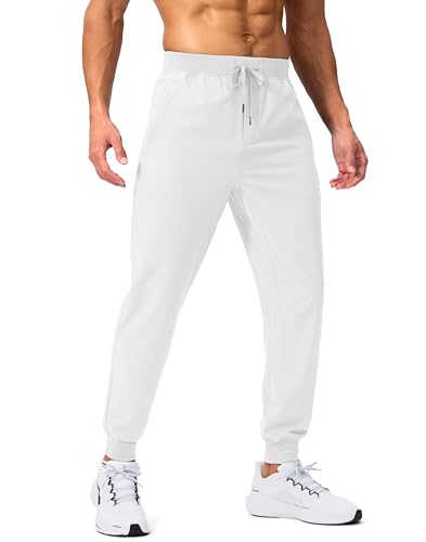 Pudolla Mens Joggers with Zipper Pockets Lightweight Sweatpants Workout Athletic Pants for Gym Running Golf White S