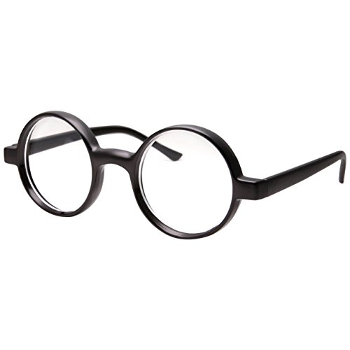 grinderPUNCH Kids Childrens Wizard Nerd Round Black Frame Glasses, Clear Lens (Age 4-12)