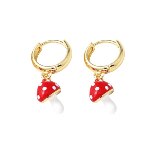 3D Mushroom Small Hoop Dangle Drop Earrings for Women Minimalist Funny 18K Gold Plated Red Enamel Charm Dangling Huggie Hoops Hypoallergenic Jewelry for Party Holiday (Small)