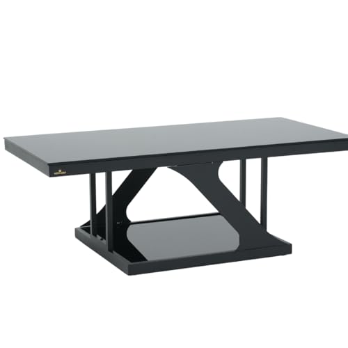 Image of Royaloak I Poh Malaysian Rectangular Glass Coffee Table | Coffee Table for Living Room with Tempered Glass Top, Powder-Coated Metal Base, Geometric Panels, Bottom Shelf & Modern Design