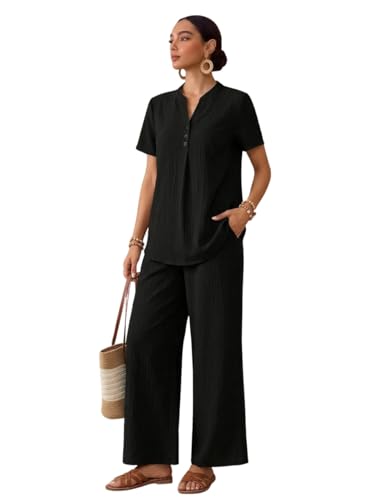 Image of TOPLOT Women's Co-ord Set | Stylish Matching Top & Bottom Set | Notch Neckline with Button Detail | Loose-Fit, Short-Sleeve Top with a Relaxed Silhouette |Ideal for Casual (5250)