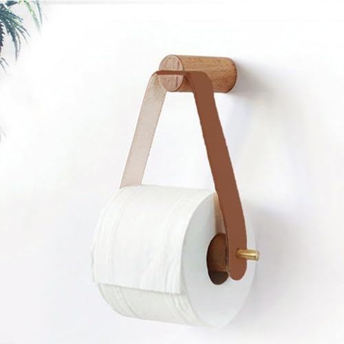 Wood & Leather Wall Toilet Paper Holder, Rustic Tissue Rolls Paper Holder Wall Mounted, Graceful and Natural Bathroom Accessories with Self-Adhesive Seamless Screw (Brown) - Thumbnail 2