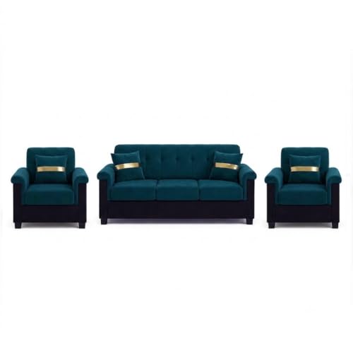 Image of FURNY Woodswave 5 Seater Sofa Set with Velvet Fabric, 3+1+1+2 Puffy Sofa Set for Living Room (Teal-Black) Durable & Comfortable | Ideal for Living Room