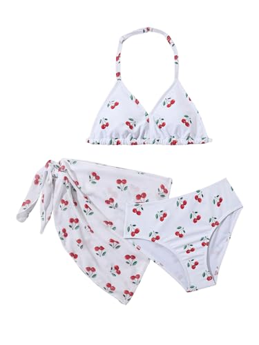Image of SHENHE Girl's 3 Piece Swimsuits Cute Halter Triangle Bikini Bathing Suit with Beach Cover Up