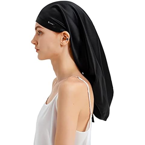 LilySilk Mulberry Silk Sleep Cap 100% 19 Momme Long Silk Bonnet for Curly Hair, Night Cap for Sleeping, Silk Hair Wrap for Women Black Cover