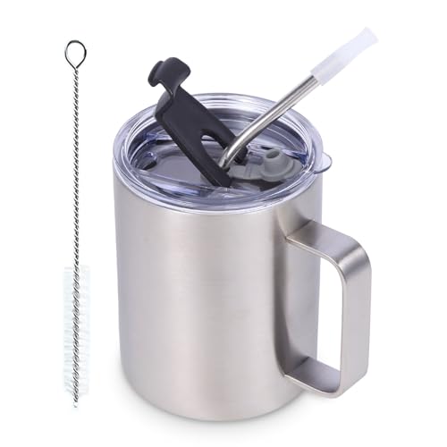Volhoply 12oz Insulated Leakproof Coffee Mug with Sliding & Straw Lid,Double Wall Vacuum Stainless Steel Travel Cafe Tumbler Cup with Handle,Reusable Camping Mugs Keep Cold/Hot(Silver,1 Set)