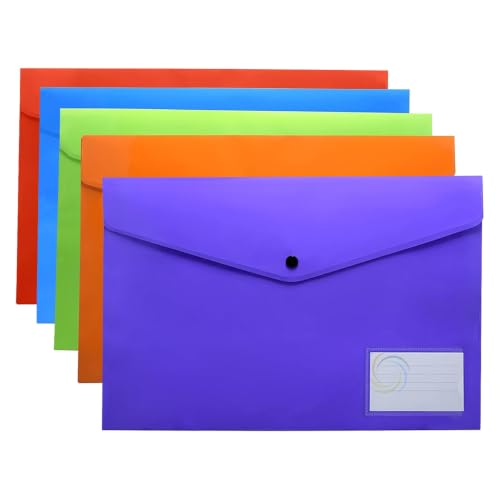 Image of Shuban A4 Plastic File Folder Document Organizer, Plastic File Holder with Snap Button, Waterproof Certificate Folder for Office, School, Home (Style-1-Plain Folder - 5 Pcs -Multi Color)