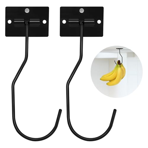 Ticway Banana Hanger Hook – Space Saving Banana Holder Hanger to Keep Bananas Fresh, Self Adhesive and Screw Banana Hook 2Pack Black