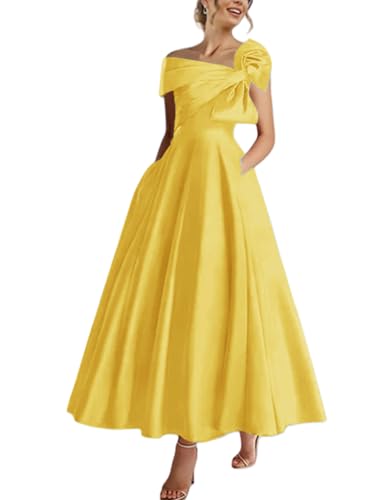 Satin Mother of The Bride Dress Tea Length Off The Shoulder A-Line Formal Prom Evening Gowns with Bow3
