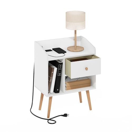 Image of Furinno Claude Mid Century Style End Table, Side Table with USB and Type-C Charging Station, White