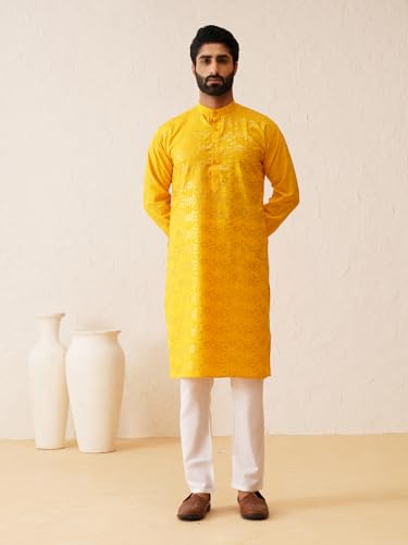 Image of SOJANYA (Since 1958 Men's Cotton Gold Embroidered Long Kurta