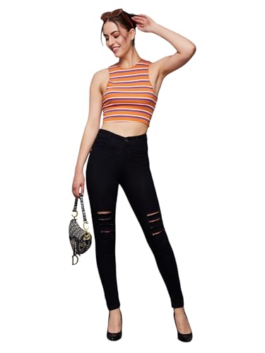 Image of Miss Chase Women's Skinny High Rise Cropped Length Fringe Detailing Stretchable Denim Jeans