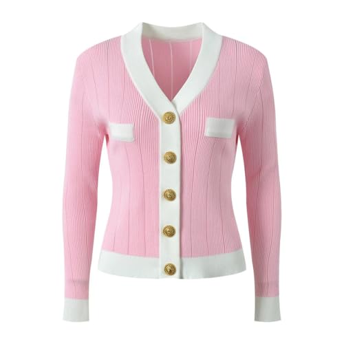 Women's V-Neck Color Block Cardigan Sweater Long Sleeve Knit Button Fashion Top3