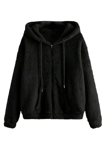 SHENHE Women's Soft Lightweight Warm Coats Zip Up Drawstring Hooded Teddy Jacket