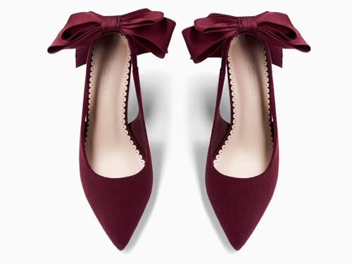 Image of Coutgo Womens Slingback High Heels with Bow Closed Pointed Toe Wedding Bride Dress Shoes Satin Pumps