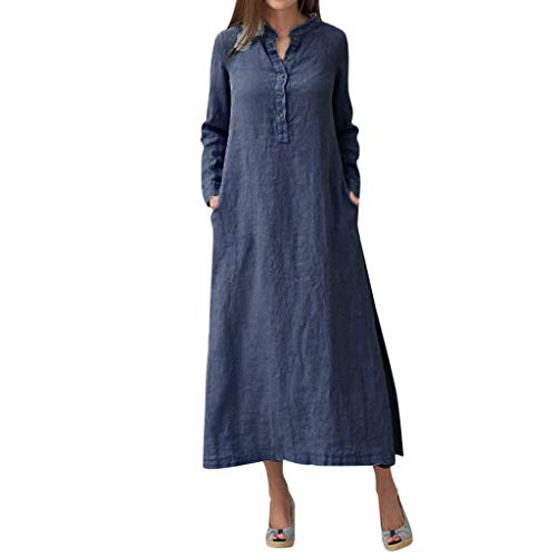 Robe unie large col V en coton lin contre la chaleur estivale