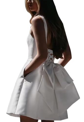MeiLiqe Square Neck Satin Short Bridal Shower Dresses with Bow A-line Wedding Engagement Gowns Mini Cute Wedding Dress for Bride 2026 White Size 6