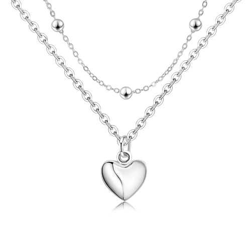 Heart Layered Necklaces for Women - Sterling Silver Adjustable Heart Pendant Necklace Stacked Bead Double Chain Charm Necklace Fashion Gifts for Christmas Birthday for Teen Girls Girlfriend Wife