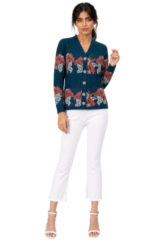 Image of Kalt Women Sweater for Winter Woolen Acrylic Full Sleeves V Neck Floral Design Cardigan Sweater for Women