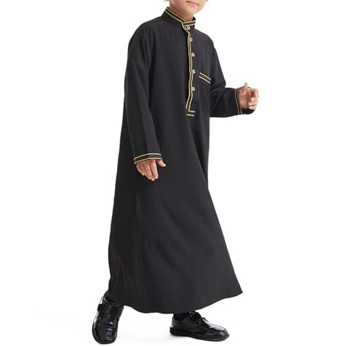 Kids Boys Muslim Kaftan Long Sleeve Stand Collar Muslim Thobe Arabic Robe Solid Color Ramadan Eid Outfits With Pocket4