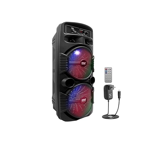 Pyle Sistema de Altavoces, PA, 600W, Bluetooth, Portatil, Recargable, Interiores, Exteriores, Subwoofer de 8”, Tweeter de 1”, función de grabación, micrófono, Luces de Fiesta, Radio USB/SD, Negro
