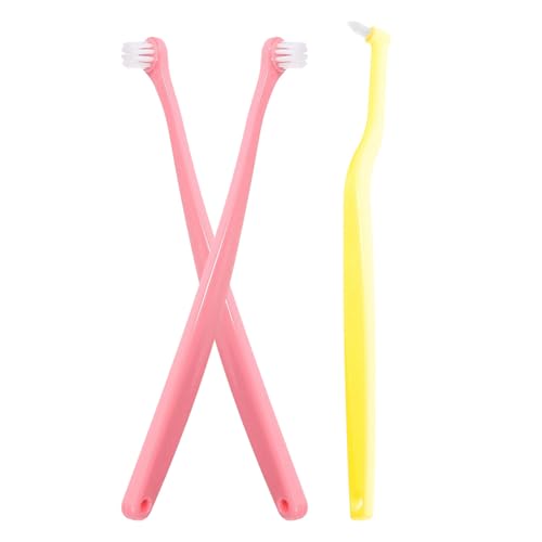 POPETPOP Cepillo de Dientes Suave para Mascotas Pequeño 3 Piezas Cabezal Redondo y Puntiagudo Cuidado Dental Perros y Gatos Limpieza Oral Encías Sensibles Color Amarillo y Rosa