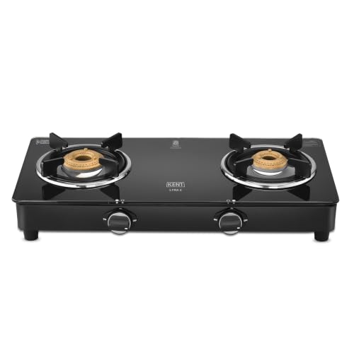 Image of KENT Lyra Gas Stove 2 Burner | Toughened Glass Top 6mm | Dual Drip Trays | Blended Metal Knob | Anti Corrosion Green Coating | Strong Pan Support | LPG /PNG Compatible | ISI Marked | 2Yr Warranty