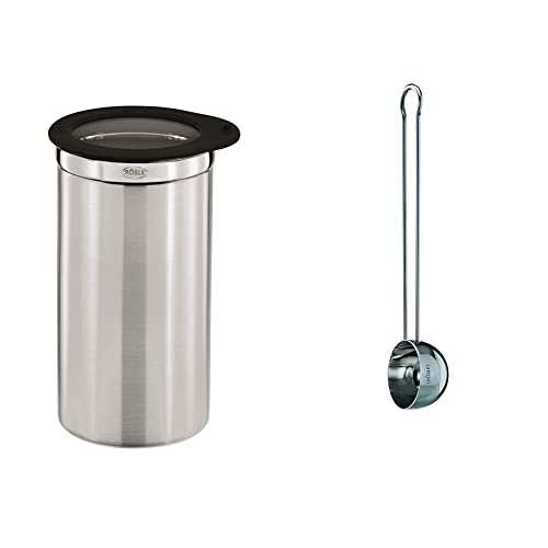 RÖSLE Kaffeedose mit Frischhaltedeckel, Edelstahl 18/10, 10 cm & Kaffeemaß, Hochwertiger Kaffeelöffel zum einfachen Dosieren von Kaffeepulver, Edelstahl 18/10, 17 x 3.7 x 2.7 cm, Silber