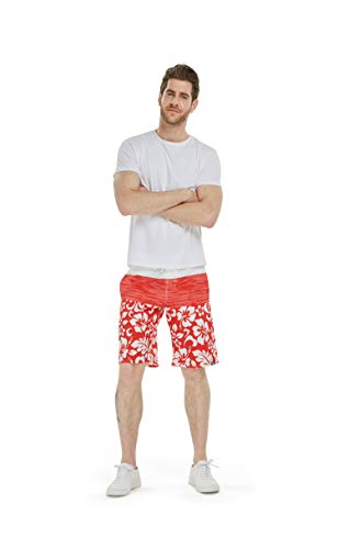 Men's Spandex Hawaiian Beach Board Shorts with Zipped Pocket in Classic Hibiscus Print3