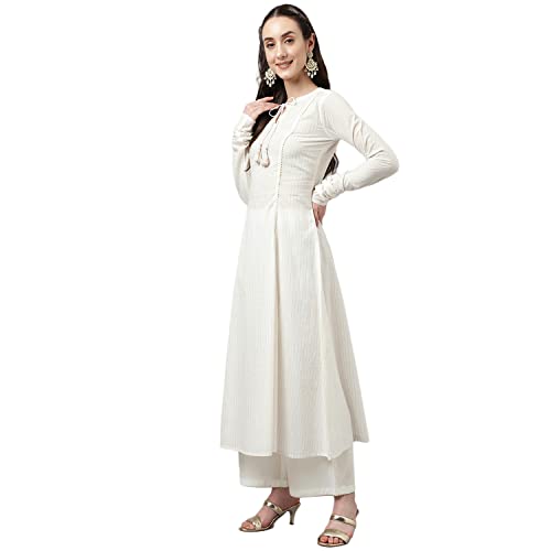Image of FIORRA Women's Off White Pure Cotton Flared Kurta with Palazzo and Dupatta