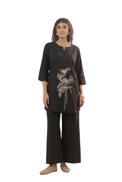 Women's Black Embroidery Cotton Flex Co-ord Set-image-27