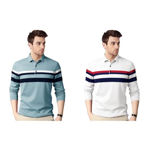 Image of EYEBOGLER Polo Neck Half Sleeve Striped Print Casual Men Regular Fit Tshirt (Pack of 2)