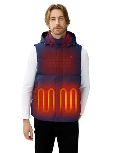 ORORO Men's Heated Down Vest with Detachable Hood, 4 Heat Zones, Blue, One Size