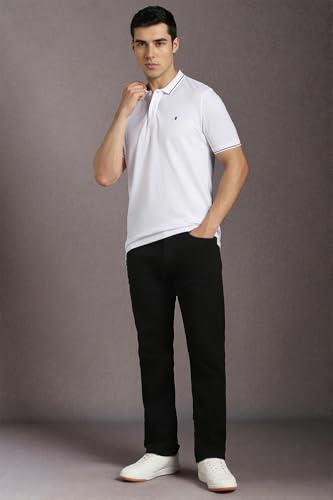 Image of Louis Philippe Men's Slim Fit Single-Tuck Pique Stylized Sleeve Print and Contrast Tipping Half Sleeve Solid Polo Tshirt