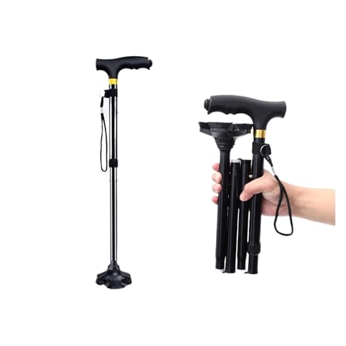 Folding Walking Cane with 4-Pronged Feet, Adjustable Height, T-Handle, Elderly Mobility & Daily Living Aids, Aluminum Alloy, for Men and Women