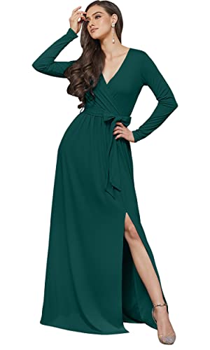 Image of KOH KOH Womens Long Sleeve V-Neck High Slit Cocktail Evening Gown Maxi Dress