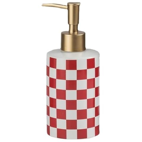 Checkered Ceramic Soap Dispenser with Rust Proof Gold Matte Pump Decorative Soap Dispenser for Bathroom or Kitchen (Red & White) Cover