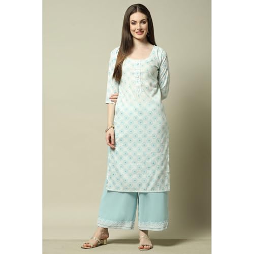 Image of Rangriti Blue Poly Georgette Solid Straight Fit Palazzo for Women