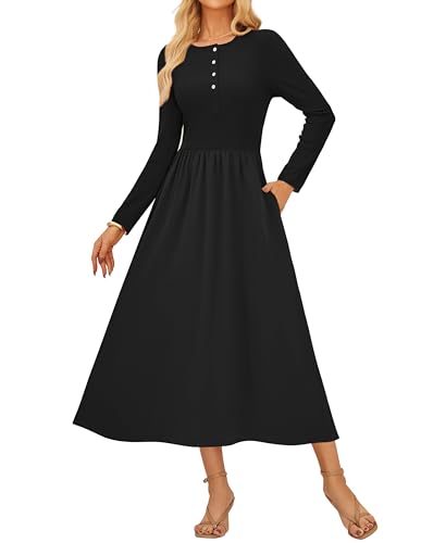 Rockabilly Kleider Damen Festliche A-Linie Langarm Strickkleid Damen Herbst Freizeitkleider mit Tasche Schwarz XXL