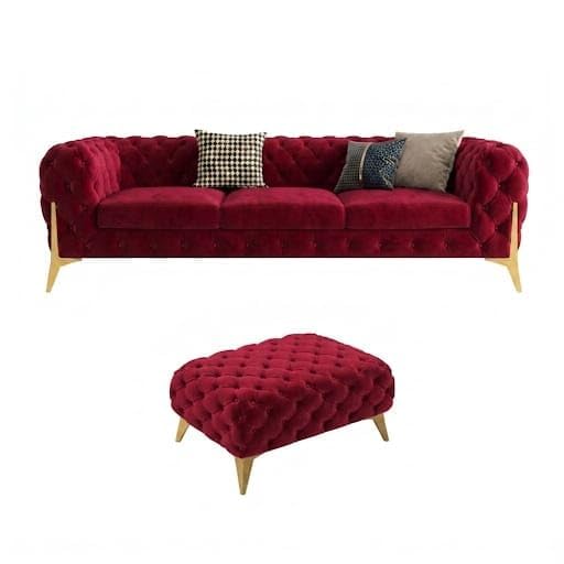 Image of A to Z Furniture Modern Classic Fabric & Valvet Tufted Chesterfield Sofa Living Room and Office (3+1= 4 Seater Sofa Set with Footrest Maroon)