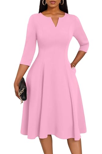 Image of Nmoder Midi Dresses for Women A-Line Fit and Flare Dress 3 /4 Sleeve V Neck Cocktail Wedding Guest Work Dress with Pockets