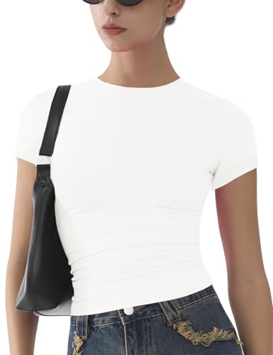 Womens Basic Short Sleeve Slim Fit T Shirts Soft Crewneck Crop Y2k Tees Summer Stretchy Cute Tops